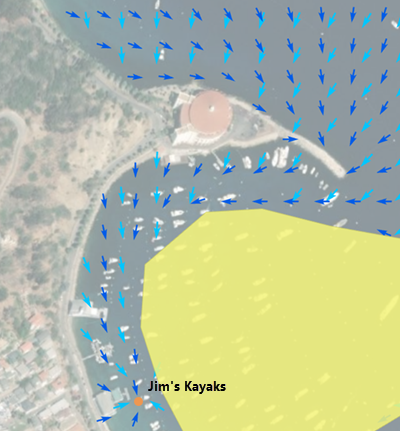 Map indicating how the source and back direction differ when a peninsula is between a kayaker and their destination Map indicating how the source and back direction differ when a peninsula is between a kayaker and their destination